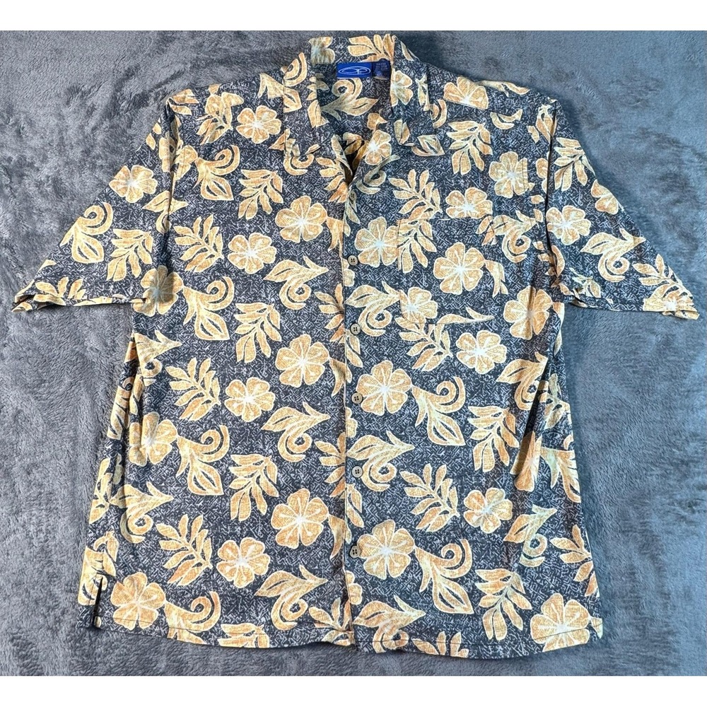 OP Shirt Mens Large‎ Gray Floral Hawaiian Cotton Short Sleeve Button Up Casual
